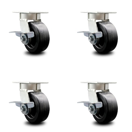 Service Caster 5 Inch Kingpinless Polyolefin Wheel Swivel Caster Set with Brakes SCC-KP30S520-POR-SLB-4